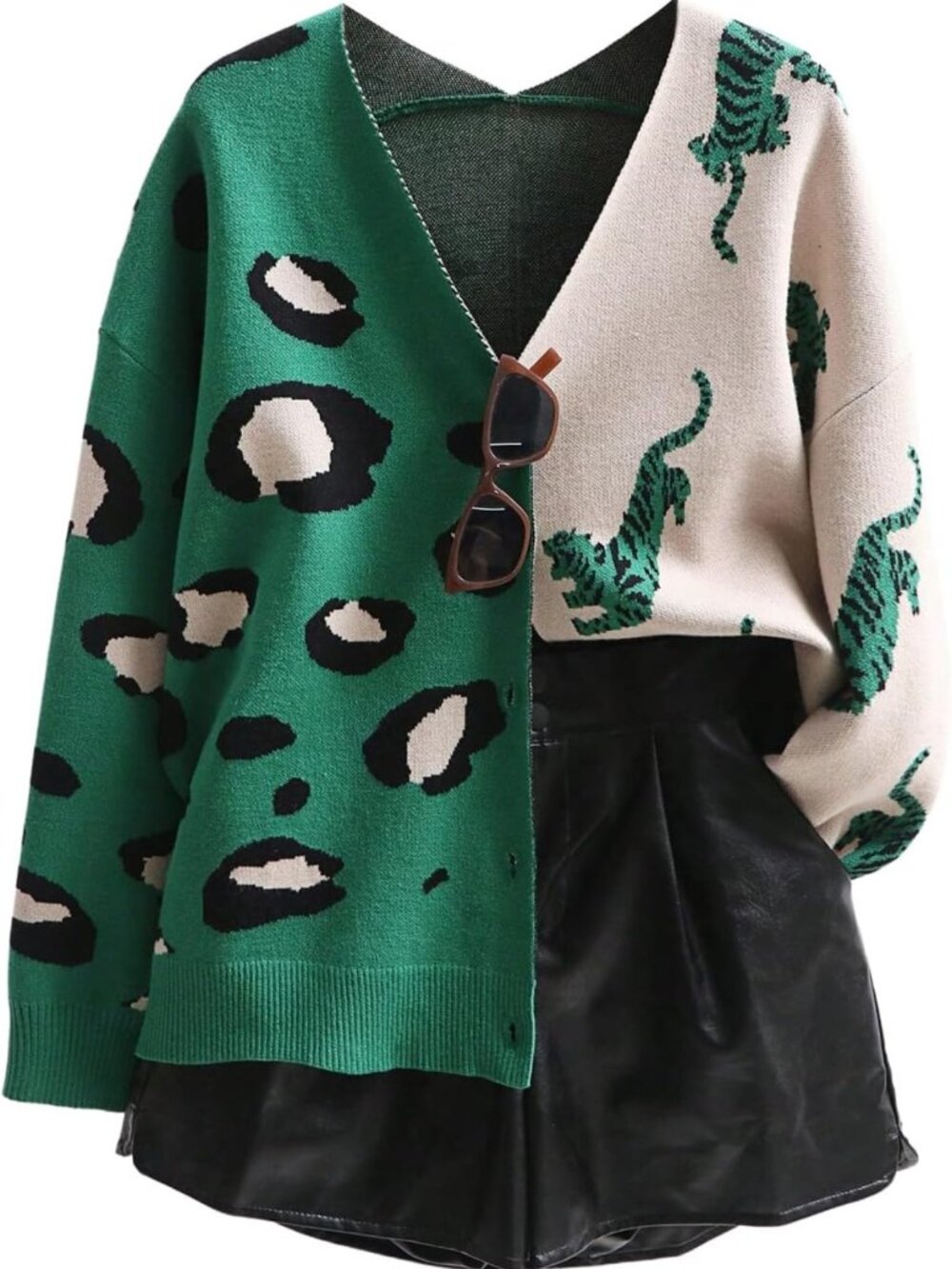 Leopard Tiger Print Color Block Cardigan Sweater - V Neck, Long Sleeve, Button